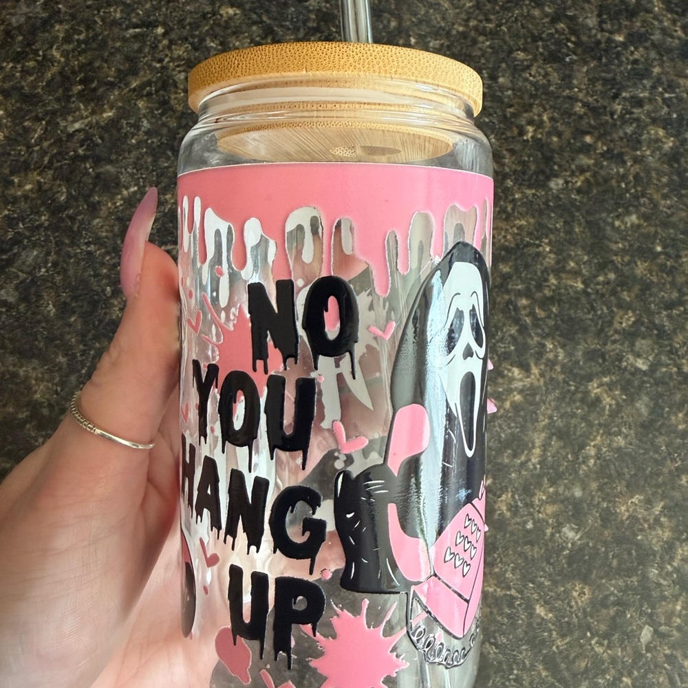 Pink Ghost Themed Glass 16oz Tumbler with Glass Straw & Straw Cleaner